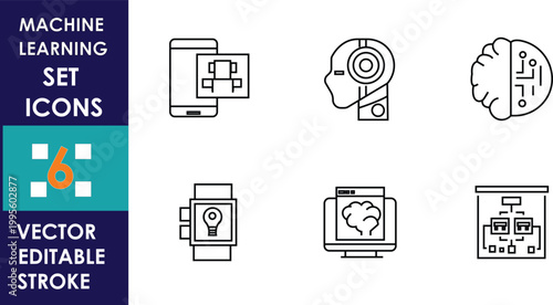 Minimal line icon set illustrating machine learning concepts, including computer, chip, automation, robotics, neural network, and data processing symbols in vector style clean modern