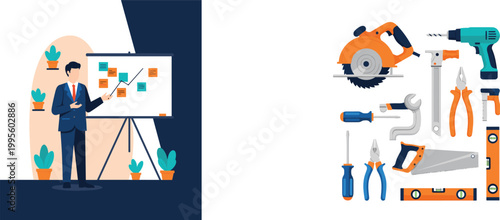 Business presentation and construction tools concept featuring corporate strategy planning with professional analysis and handyman equipment collection illustration