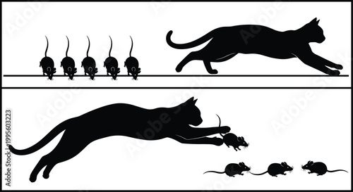 Silhouette Vector Illustration of a Predatory Cat Chasing and Catching Mice in Two Sequential Action Scenes on White Background Assets