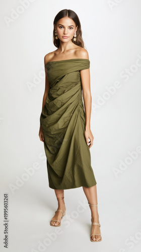 Olive off shoulder draped midi dress with ruched side detail for fashion catalog and lookbook banner design