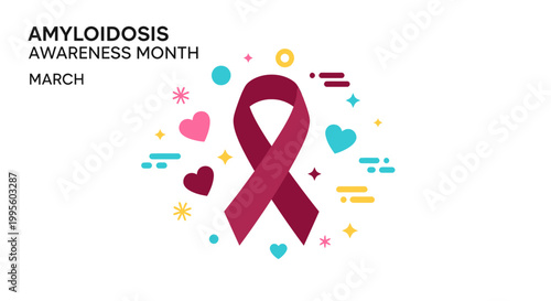 Amyloidosis Awareness Month ribbon graphic with hearts and abstract shapes, March
