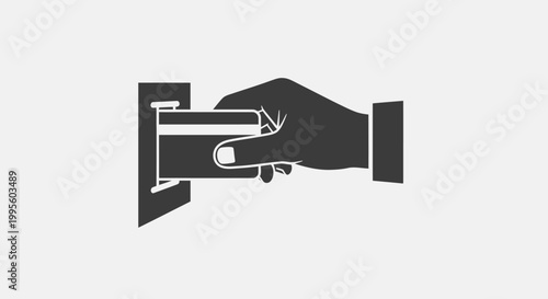 A simple flat vector icon of a hand inserting a card into a payment or ATM machine.