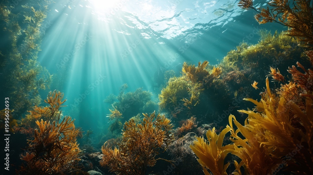 Obraz premium Underwater kelp forest with sun rays filtering through