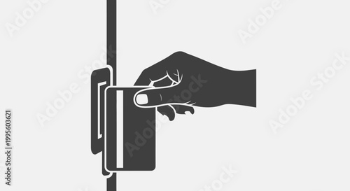 A simple flat vector icon of a hand inserting a card into a payment or ATM machine.