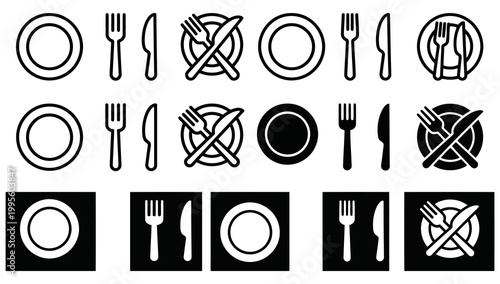 Set of plate, fork, and knife icons