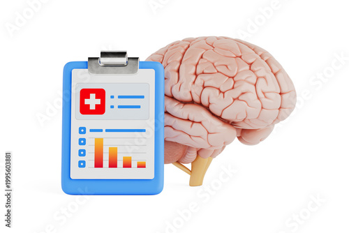 Brain Health Assessment And Neurological Diagnosis Concept. Human Brain With Medical Clipboard Report. 3D Rendering