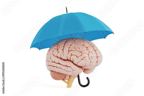 Mental Protection And Cognitive Safety Concept. Human Brain Under Blue Umbrella Isolated. 3D Rendering
