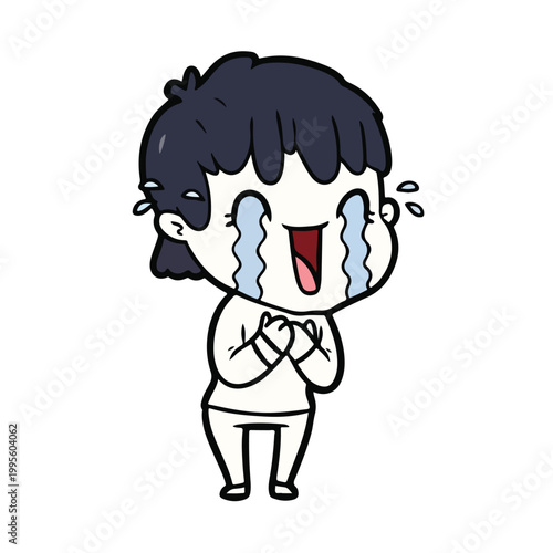 Cartoon girl crying tears of joy with hands clasped together