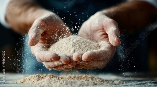 a chef runs different artisan flours (rye, spelt, einkorn) through his fingers, feeling their granulation