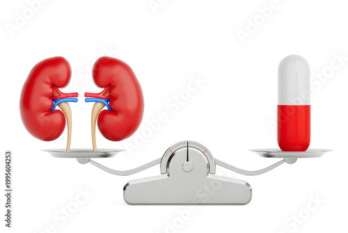 Renal Treatment And Medication Balance Concept. Human Kidneys And Capsule Pill On Medical Scale On White Background. 3D Rendering