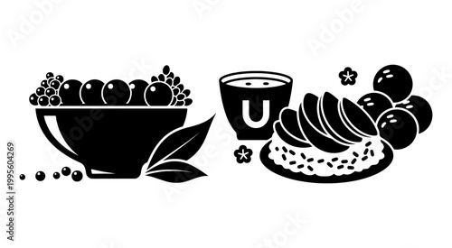 Black and white icon set of healthy berries fruit bowl and sliced apple dessert