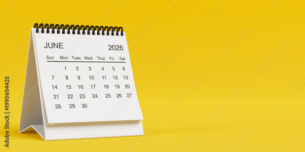 Naklejka premium White Desk Monthly June 2026 Business Calendar. 3d Rendering