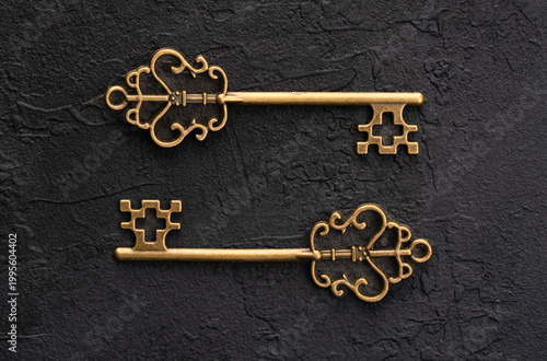  Retro key on black  background. Retro metal key for door or chest.