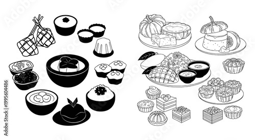 Set of traditional Indonesian food and sweet dessert illustrations in black ink