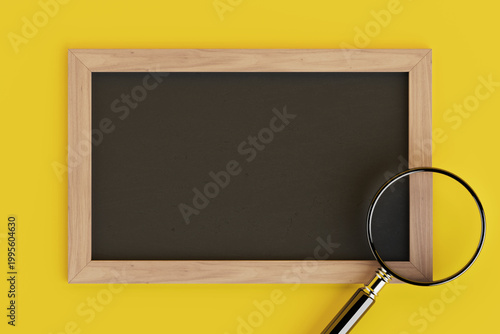 Education Search And Blank Message Space. Empty Blackboard In Wooden Frame With Magnifier. 3D Rendering