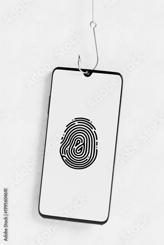 Biometric Phishing And Identity Theft. Smartphone With Fingerprint Icon Caught On Fishing Hook. 3D Rendering