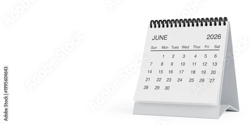 White Desk Monthly June 2026 Business Calendar. 3d Rendering