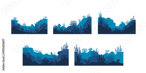 Collection of Blue Fish School Abstract Vector Patterns