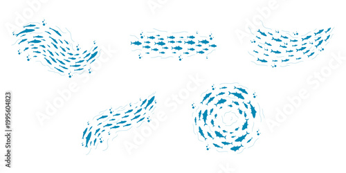 Collection of Blue Fish School Abstract Vector Patterns