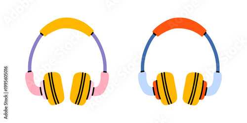 Vector set of colorful over ear headphone with yellow ear cup, one with pink and purple band and second with blue and orange band. Bright music accessory illustration in flat doodle style.