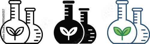 Science lab beaker with plant growth icon set, biotechnology and agricultural research symbol, vector illustration for scientific innovation, eco research and lab experiment design elements.