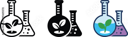 Science lab beaker with plant growth icon set, biotechnology and agricultural research symbol, vector illustration for scientific innovation, eco research and lab experiment design elements.