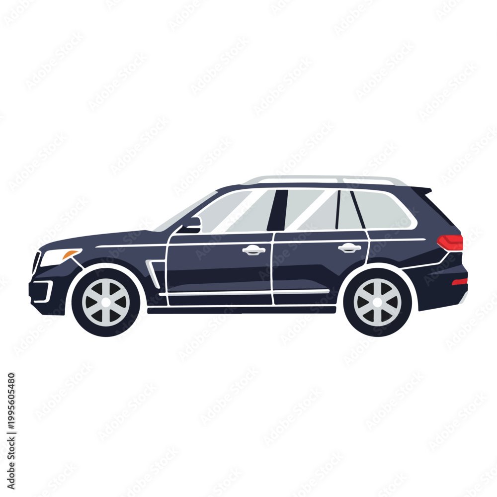 Fototapeta premium Dark blue SUV vehicle side view on white background