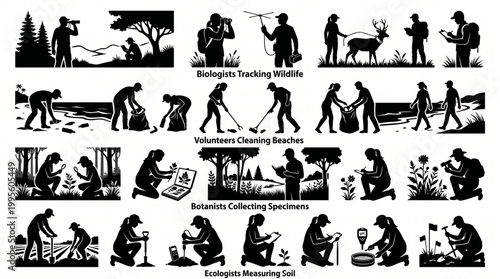 Massive collection of environmental science silhouettes featuring biologists tracking wildlife, botanists collecting plant specimens, beach cleanup volunteers, and ecologists testing soil.