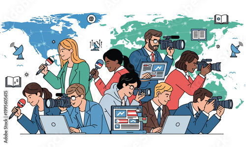 Diverse journalists reporting globally utilizing various media and technology to cover international news high quality