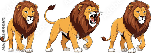 Photography Cartoon Roaring and Walking Lion Vector Set for Wildlife, Safari, and Animal Ill