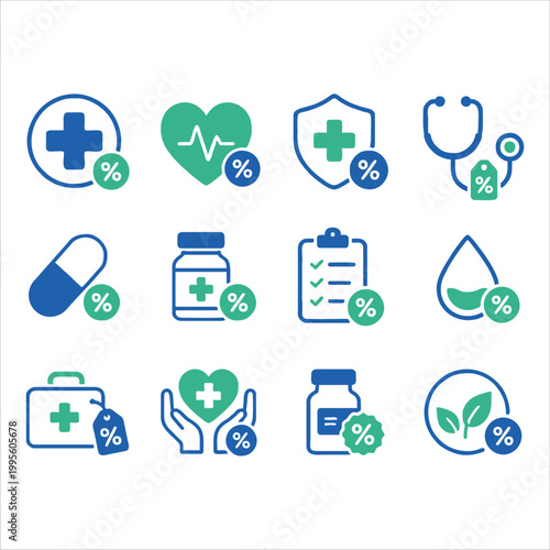 Minimalist health icon set, clean flat vector style with medical symbols, modern geometric shapes, healthcare and discount concept, professional design for ecommerce promotion, isolated on white backg