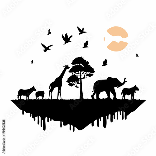 African savannah silhouette scene with giraffe elephant and birds, savannah