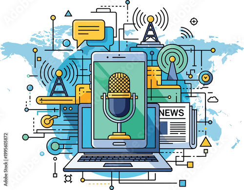 A colorful illustration depicting podcasting broadcasting and digital communication technologies in a modern style