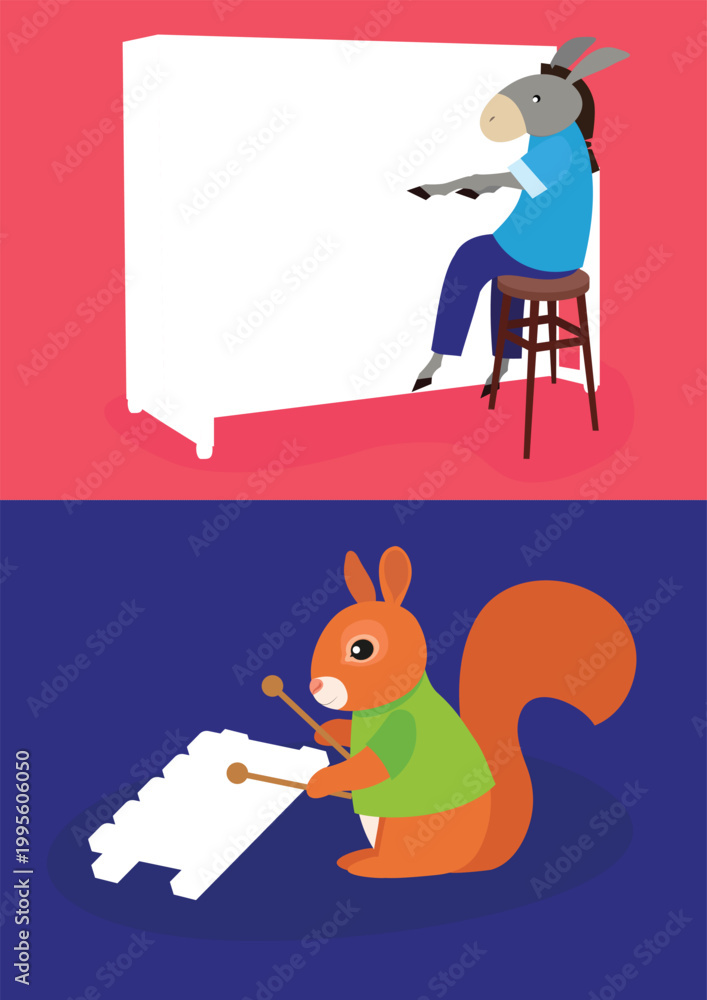 Fototapeta premium Illustration of a squirrel playing a piano and sitting on a stool