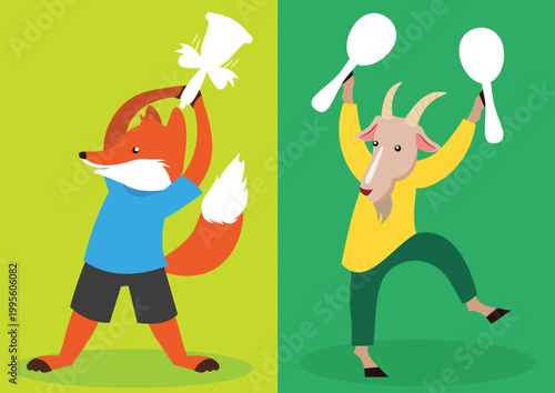 Illustration of a fox playing the maracas. Vector illustration.