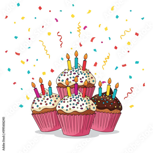 A colorful illustration of cupcakes with lit candles and confetti