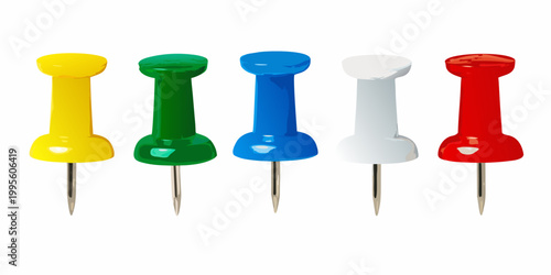 Colorful push pins arranged in a row against a white background