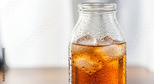 Cold iced tea in glass bottle.