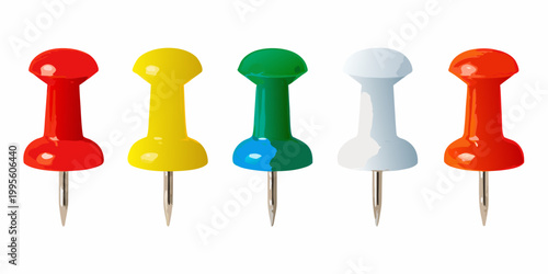 Colorful push pins arranged in a row against a white background