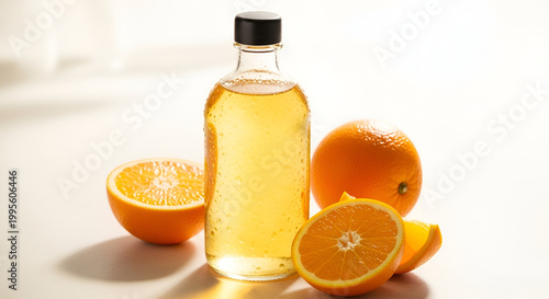 Fresh oranges and orange oil bottle.
