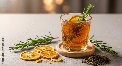 Herbal tea with rosemary and citrus.