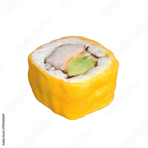 Delicious sushi roll with avocado and fish on white background