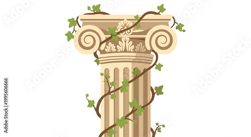 Ancient Greek Ionic Column with Ivy Vines, Classical Architecture Illustration