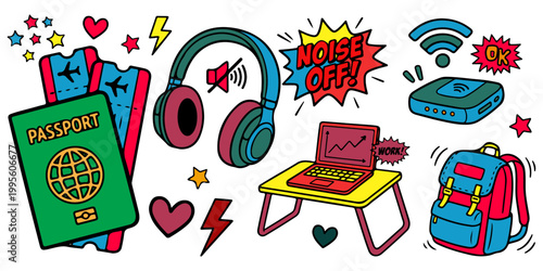 Digital nomad and remote work vector sticker set. Icons of passport, flight tickets, noise-canceling headphones, and laptop on portable desk isolated