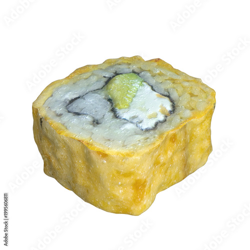 Delicious sushi roll with green filling on white background