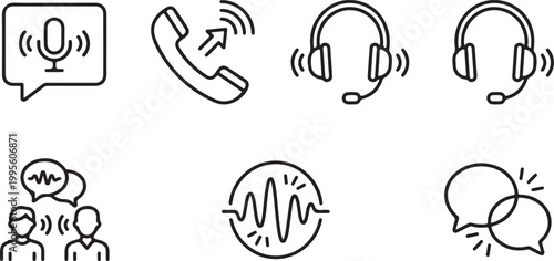 Communication icons with microphone and headset during a call Isolated on white background