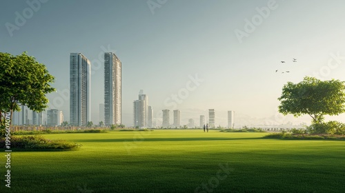 Vast green field with modern city skyline and architecture
