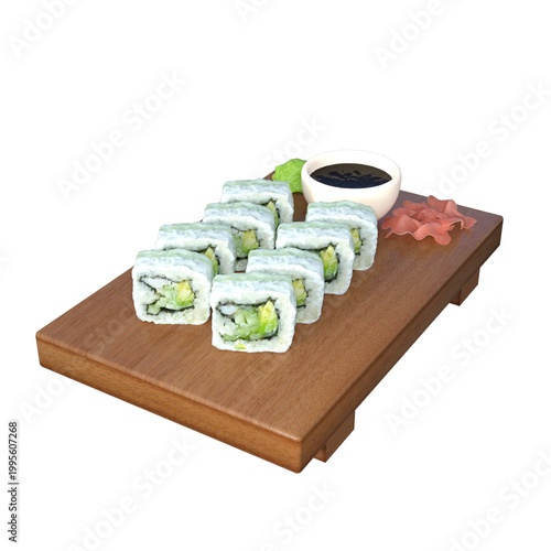 Delicious sushi rolls on a wooden board with soy sauce