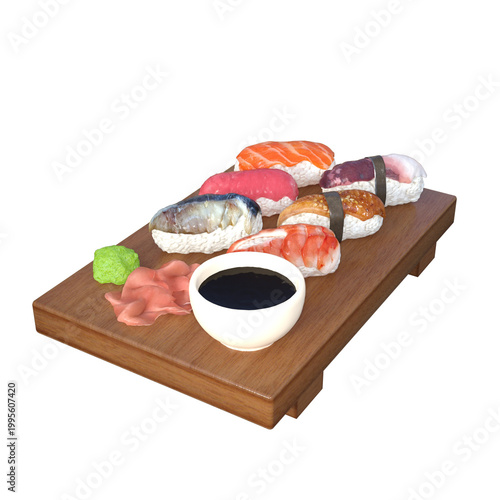 Delicious assorted sushi on wooden board with soy sauce