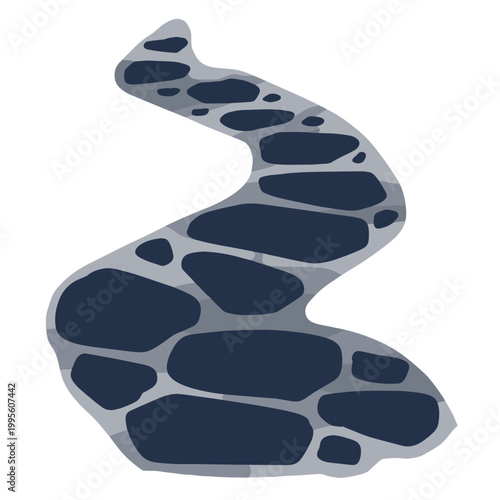 Stone path, grey pebble walkway winding garden trail. Dark rock stone path, natural paving block landscape element. Outdoor park footpath, zen garden stone decoration, flat organic pavement shape